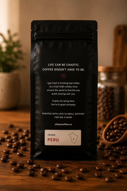 Chaos Coffee Co. Peru Single Origin Coffee packaging showcasing the brand story, Peruvian coffee origin, and small-batch roasting process.