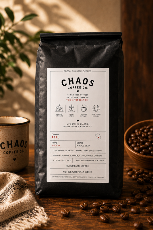 Peru Single Origin Coffee by Chaos Coffee Co. featuring medium roast whole bean coffee with salted caramel, silky sweet, and citrus tasting notes.